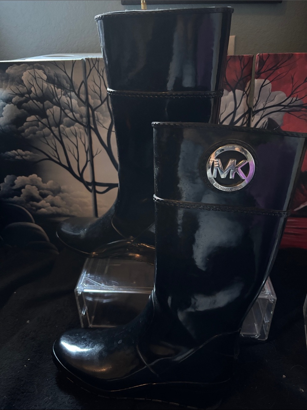 Michael Kors Black Patent Mid-Calf Logo Rain Boots